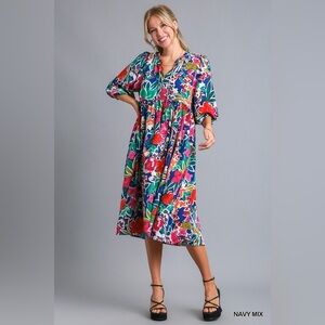 Umgee Floral Print Tie Neck Midi Dress with Pockets